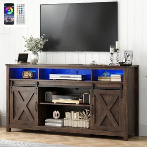 Led Farmhouse Tv Stand For 70/65/60Inch Tv With Power Outlets,